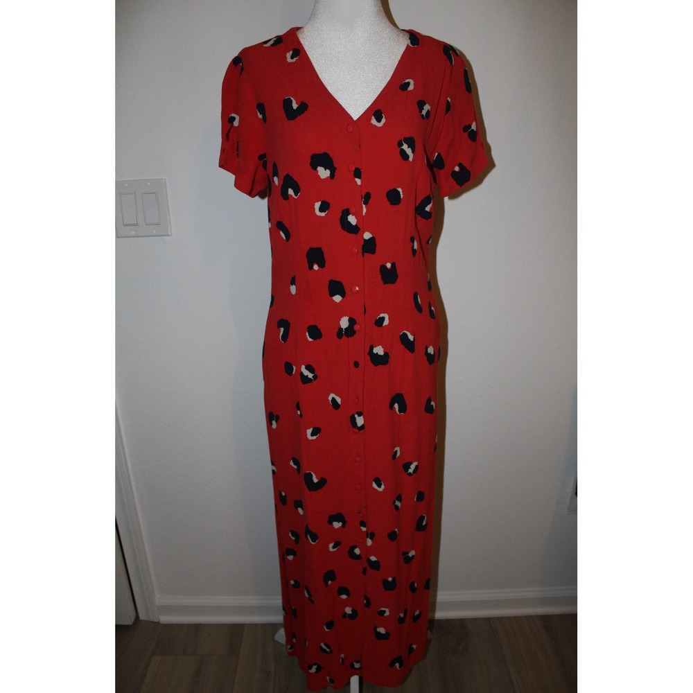 Roolee Red Abstract Leopard Button Front‎ Maxi Dress Pockets Women Medium